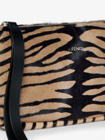 Fendi Women's Zip Top Small Shoulder Bag in Tiger Print Pony Skin Black