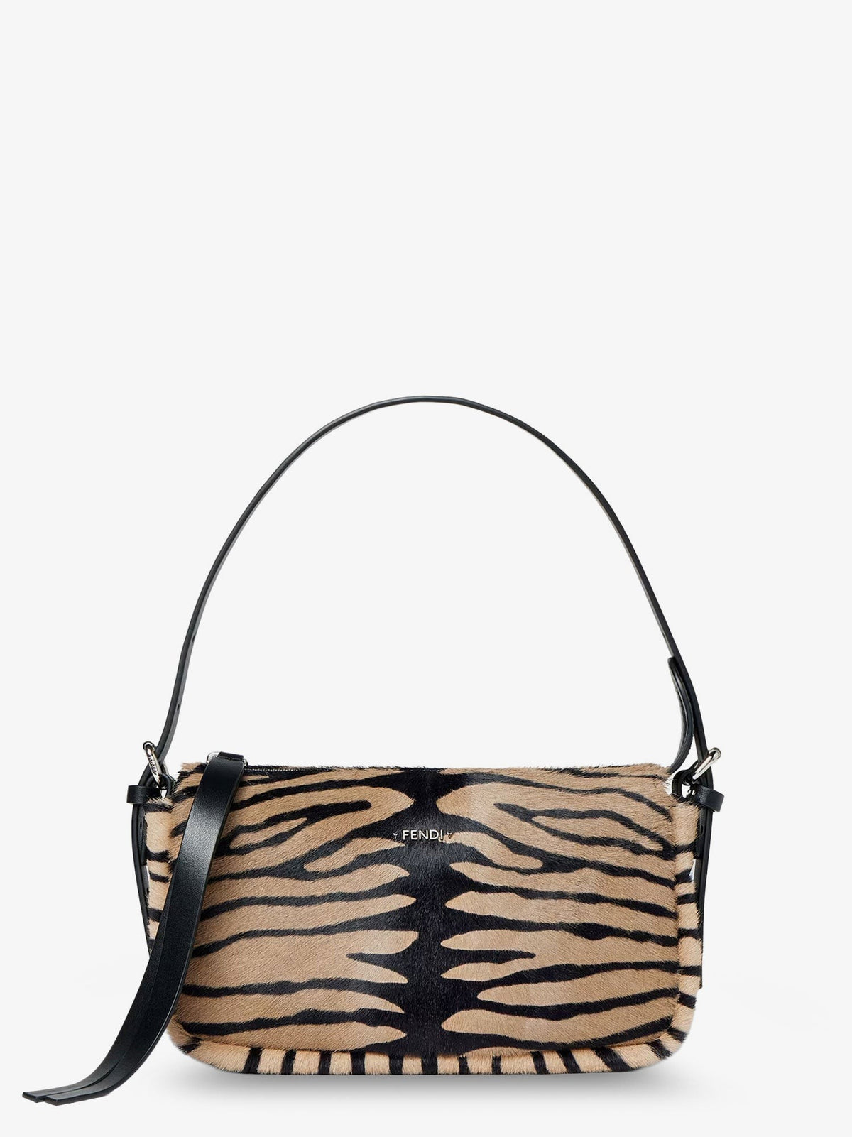 Fendi Women's Zip Top Small Shoulder Bag in Tiger Print Pony Skin Black