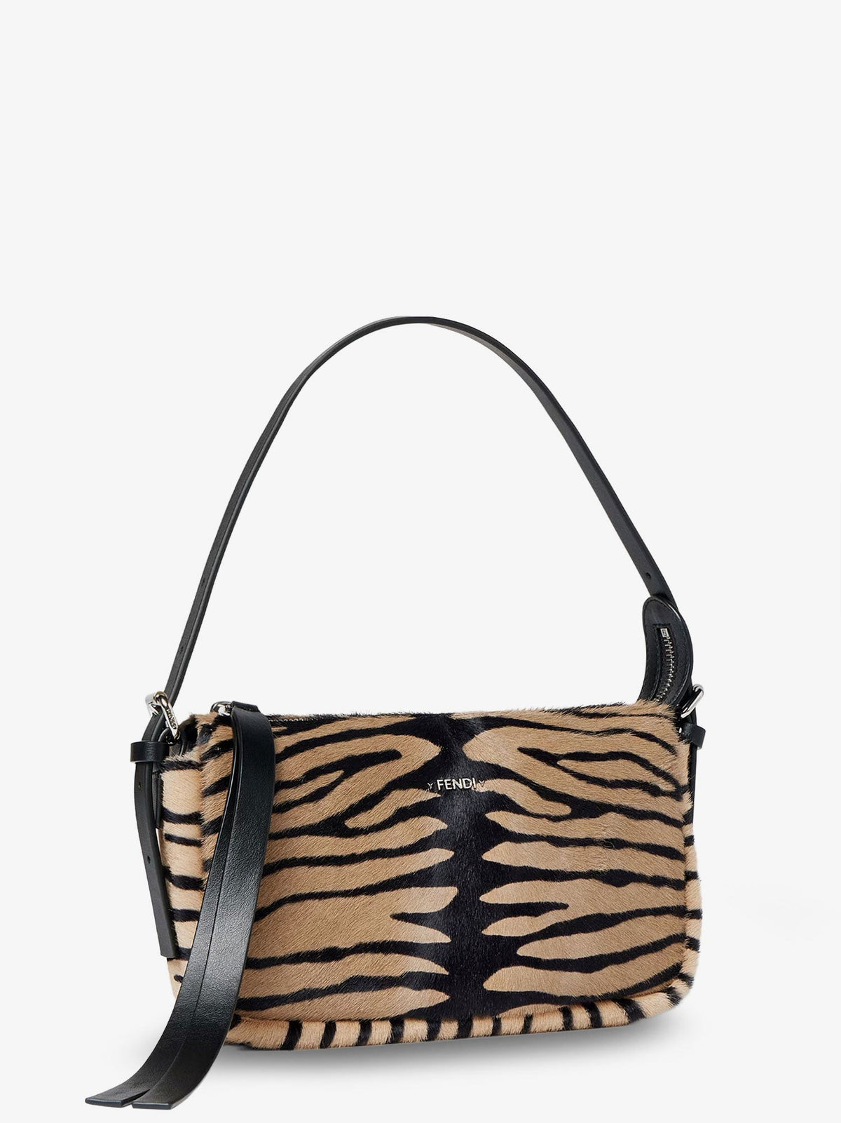 Fendi Women's Zip Top Small Shoulder Bag in Tiger Print Pony Skin Black