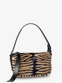 Fendi Women's Zip Top Small Shoulder Bag in Tiger Print Pony Skin Black